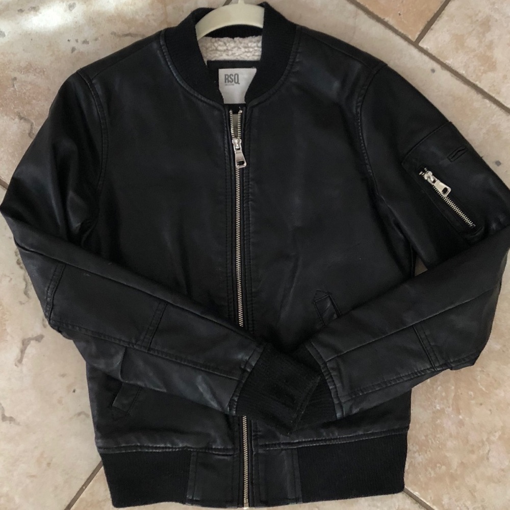 RSQ Black Faux Leather Bomber Jacket